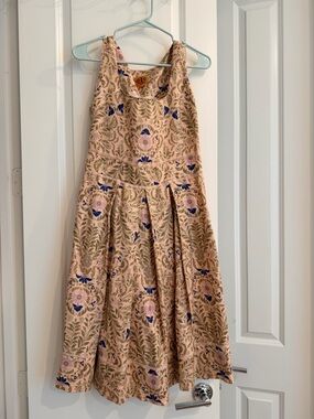 Tory Burch Beige Floral Fit-and-Flare Dress with Blue and Green Accents